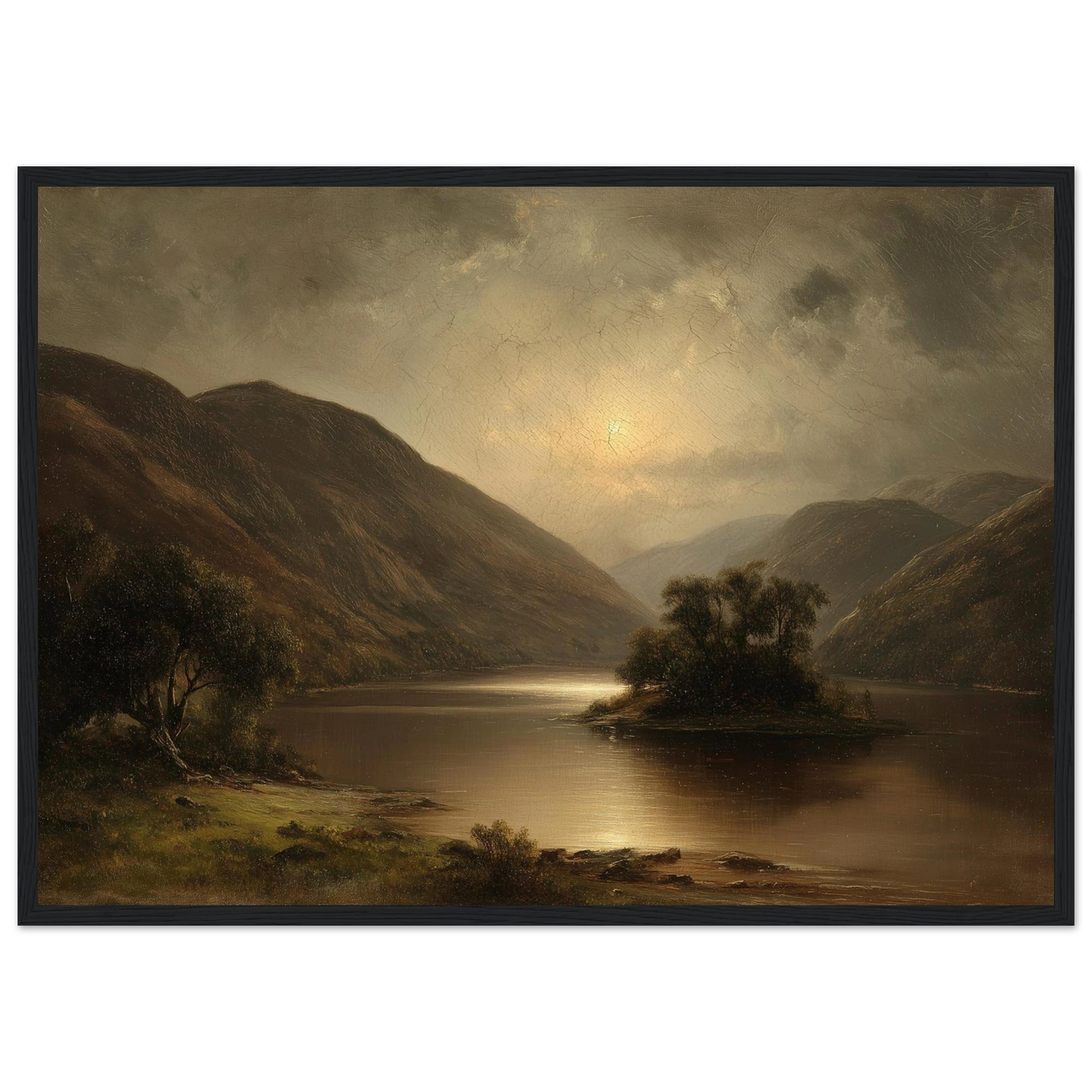Dark academia loch painting print in a deep charcoal frame
