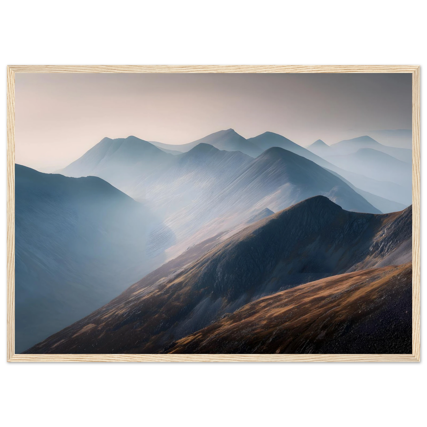 Highland ridges in morning mist art print in a pale natural wood frame