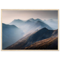 Highland ridges in morning mist art print in a pale natural wood frame