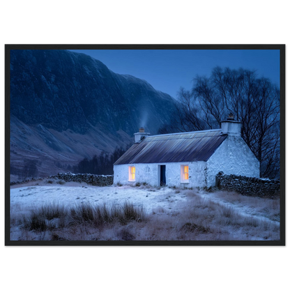 Winter croft with firelit windows, framed wall art in dark grey