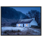 Winter croft with firelit windows, framed wall art in dark grey