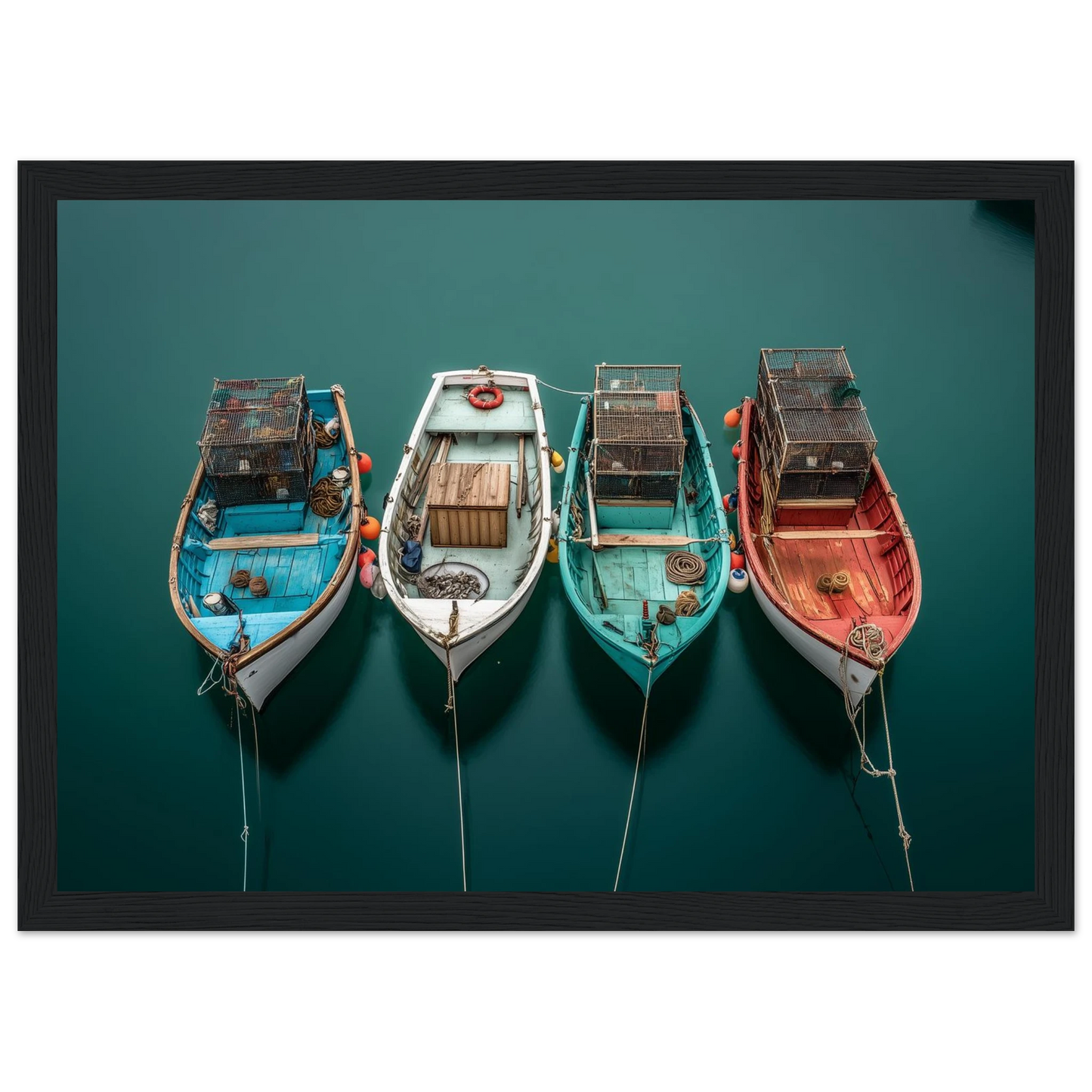 Coloured fishing boat hulls on flat water, framed in black