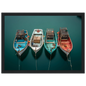 Coloured fishing boat hulls on flat water, framed in black