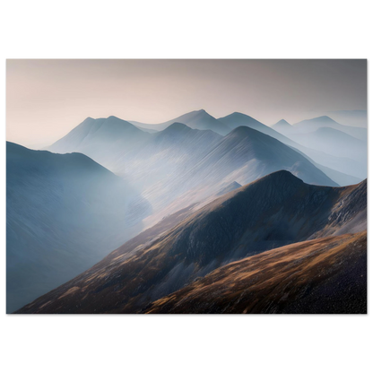 Scottish Highland ridges receding into pale mist, framed in dark grey