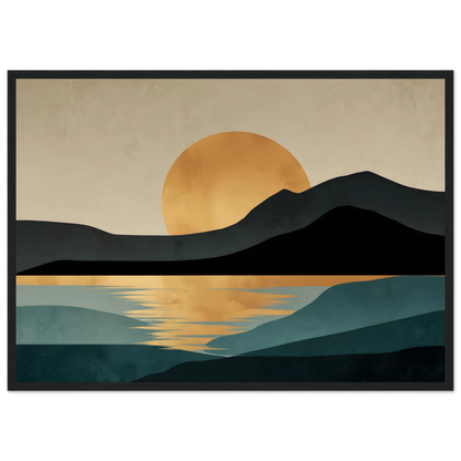 Bold graphic landscape print of a gold sun behind a black headland, in a black frame