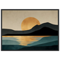 Bold graphic landscape print of a gold sun behind a black headland, in a black frame