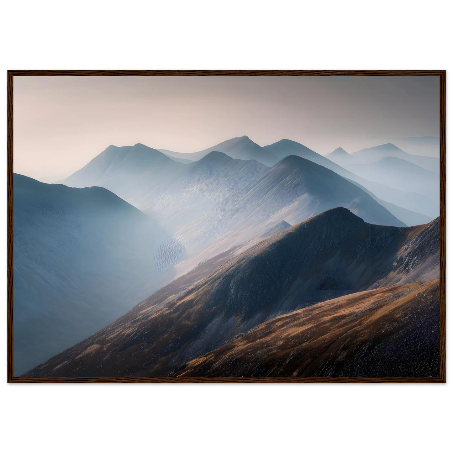 Layered Highland ridges at first light in a dark wood frame