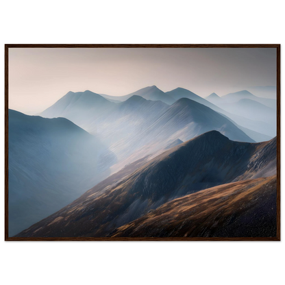 Layered Highland ridges at first light in a dark wood frame