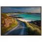 White sand and turquoise water beyond a single-track road, framed in dark grey