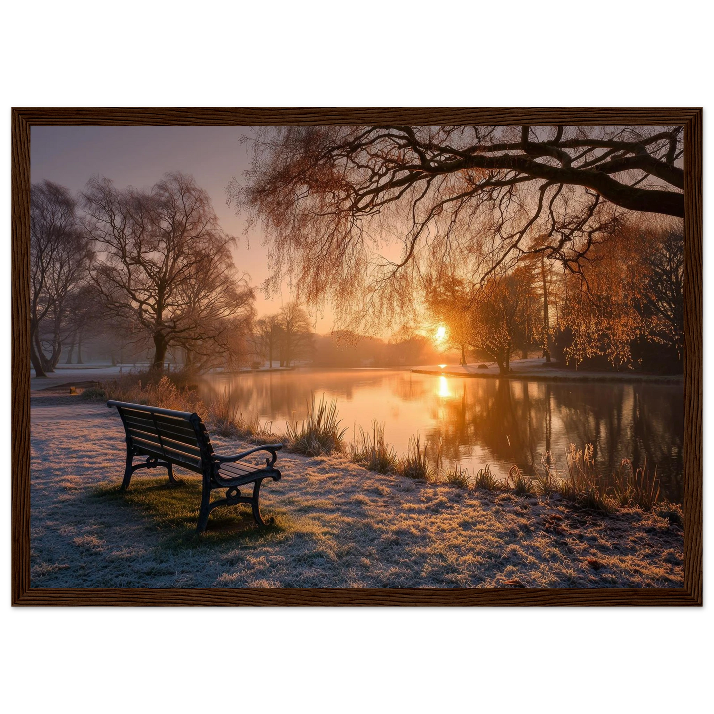 Frosted park lake at winter sunrise with an empty bench on the bank, print in a dark brown wood frame