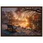 Frosted park lake at winter sunrise with an empty bench on the bank, print in a dark brown wood frame