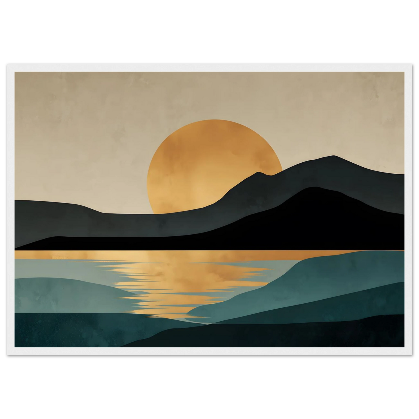 Minimalist gold sun landscape art print in a slim white frame