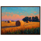 Round bales in a harvest field, framed in warm dark wood