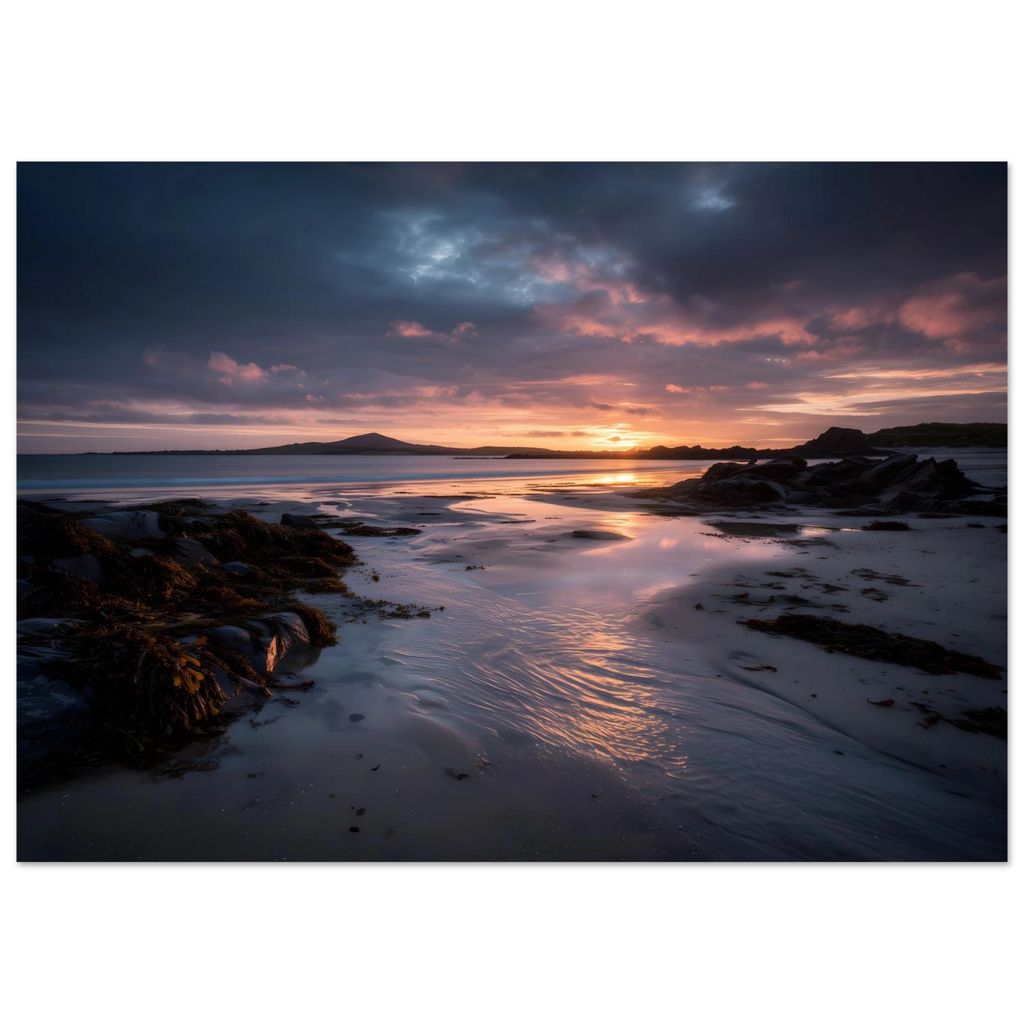 Empty shoreline at last light, framed seascape in a dark frame