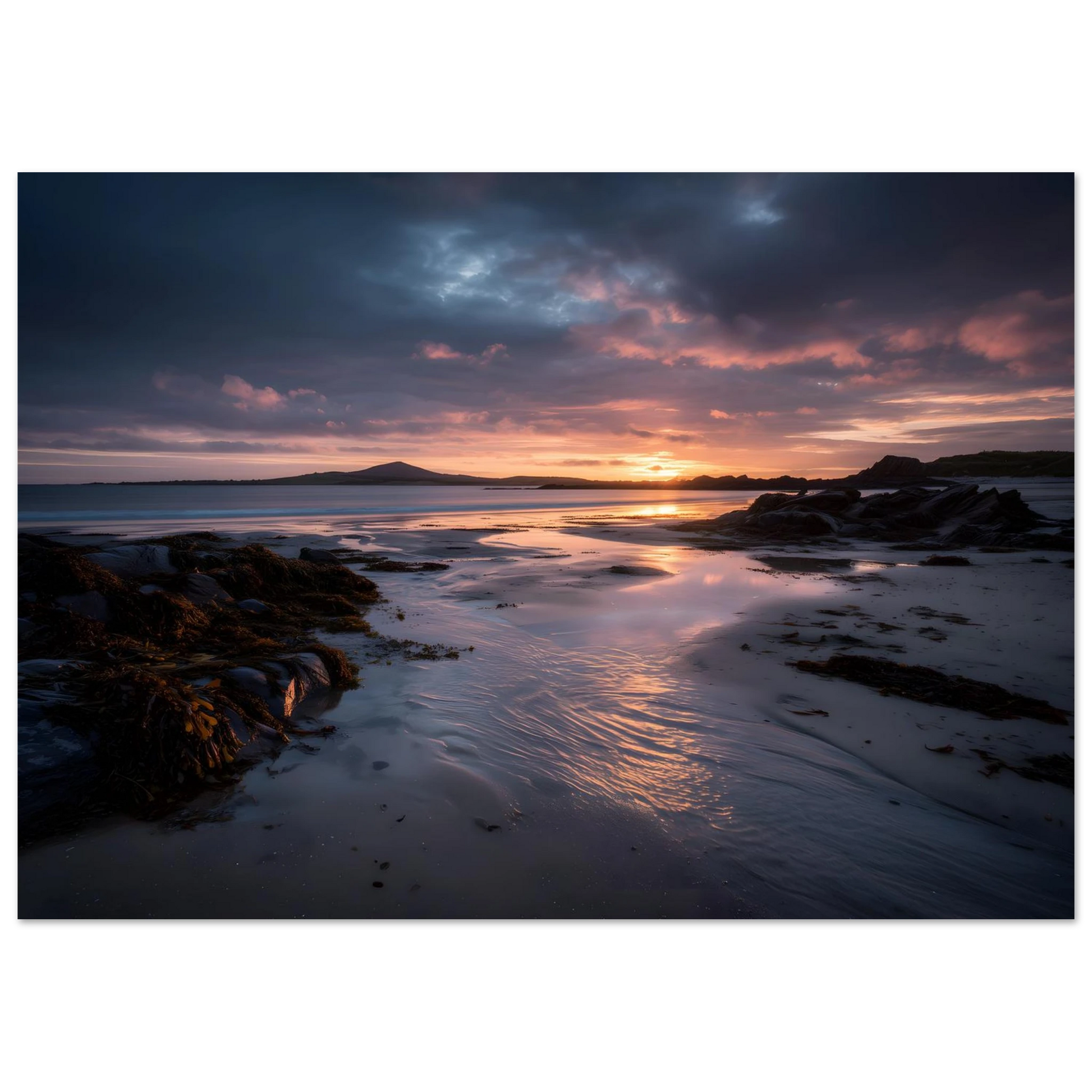 Empty shoreline at last light, framed seascape in a dark frame