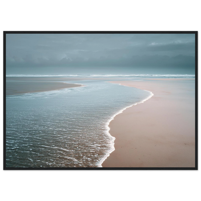 Soft blue shallows meeting pink-grey sand, framed in black