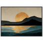 Graphic landscape print of a gold sun behind dark hills, in a black frame