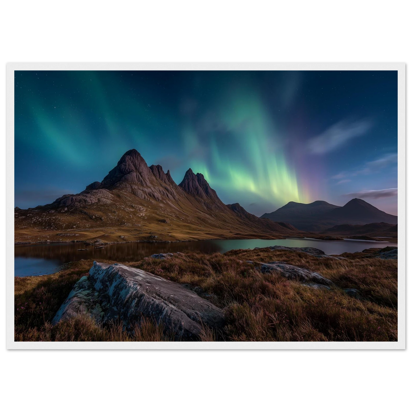 Aurora over a Scottish loch at night, print in a slim white frame
