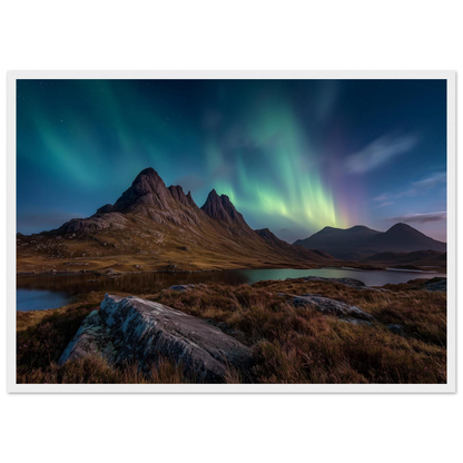 Aurora over a Scottish loch at night, print in a slim white frame