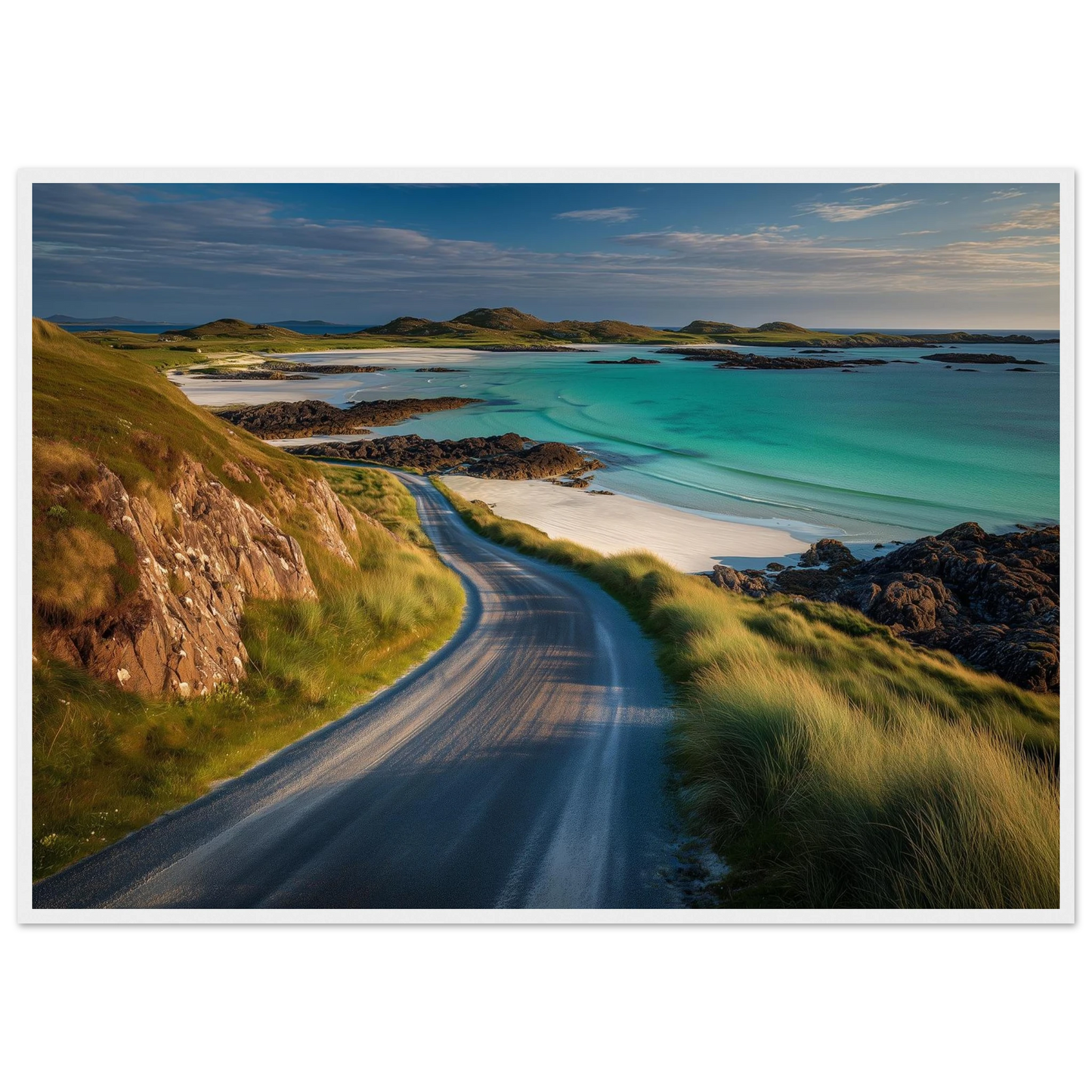 Scottish island beach road in evening light, in a white frame with a wide mount