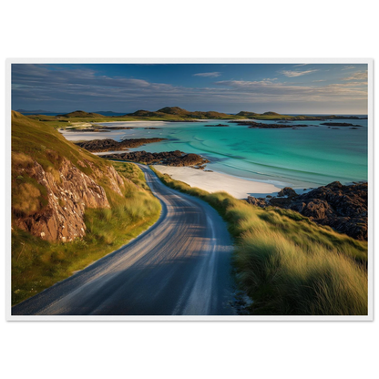 Scottish island beach road in evening light, in a white frame with a wide mount