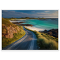Scottish island beach road in evening light, in a white frame with a wide mount