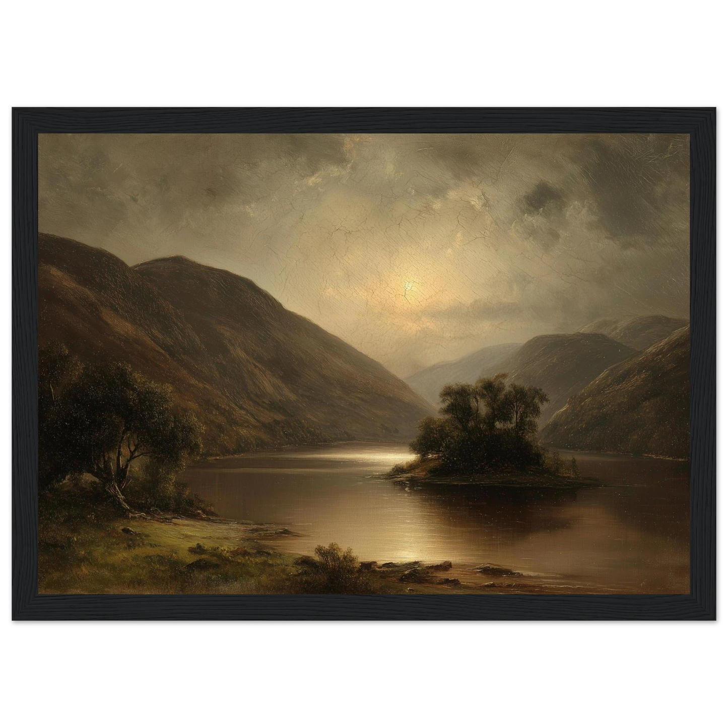 Moody Highland loch at moonrise, framed poster in a charcoal frame