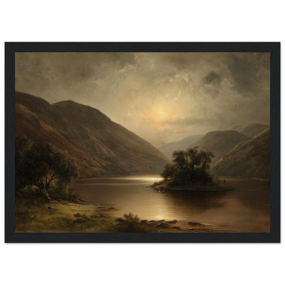 Moody Highland loch at moonrise, framed poster in a charcoal frame