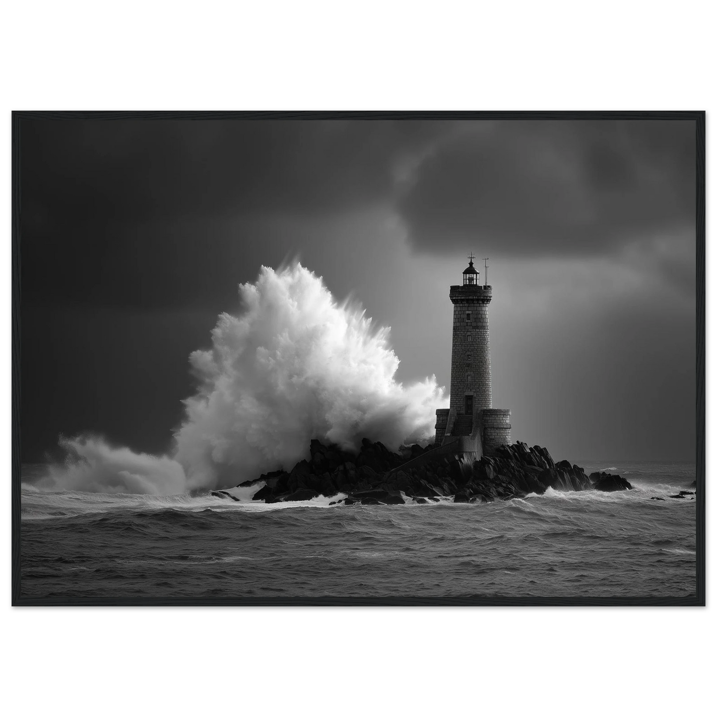 Storm spray rising past a lighthouse tower, monochrome print in a dark grey frame