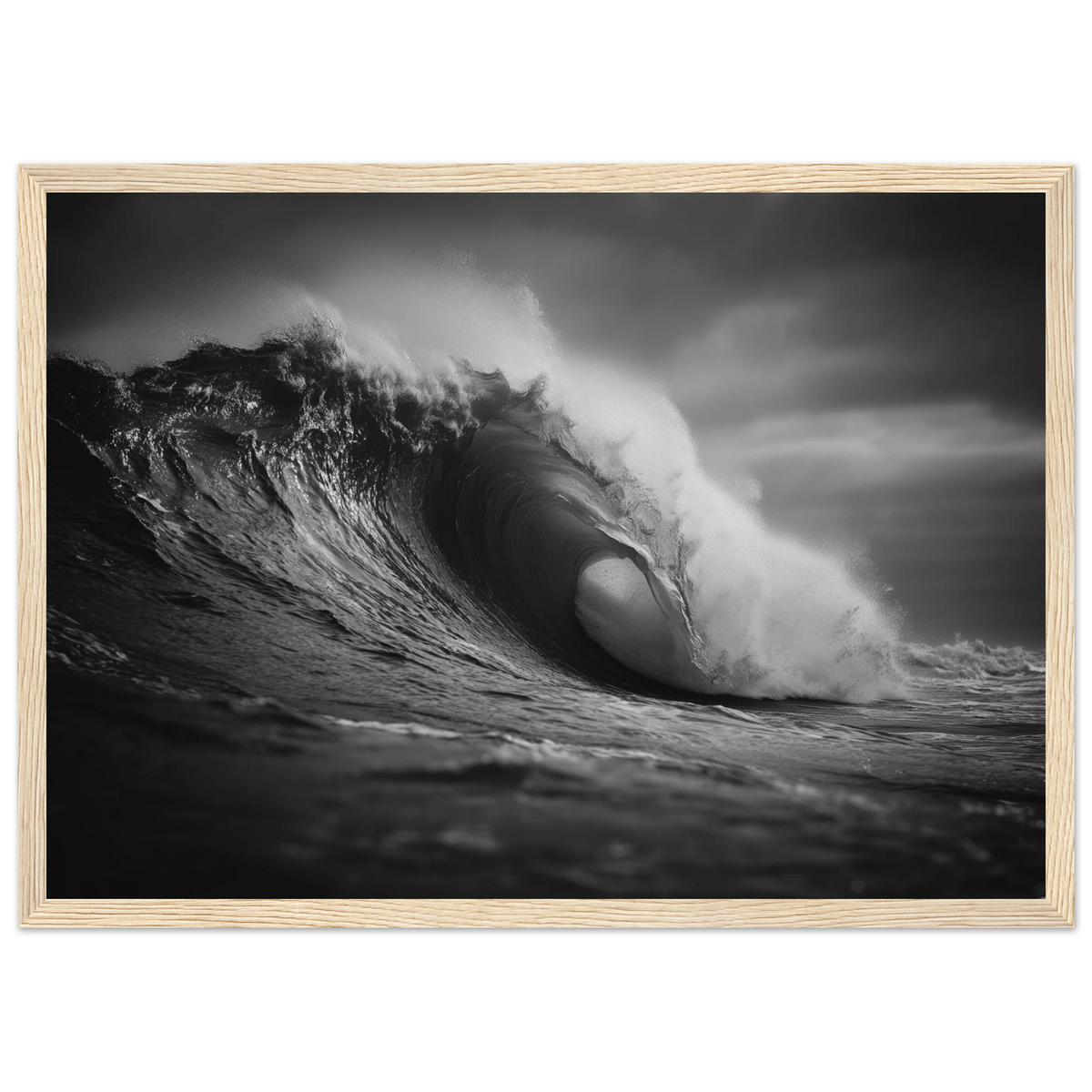 Black and white wave print in a light oak frame with a wide mount