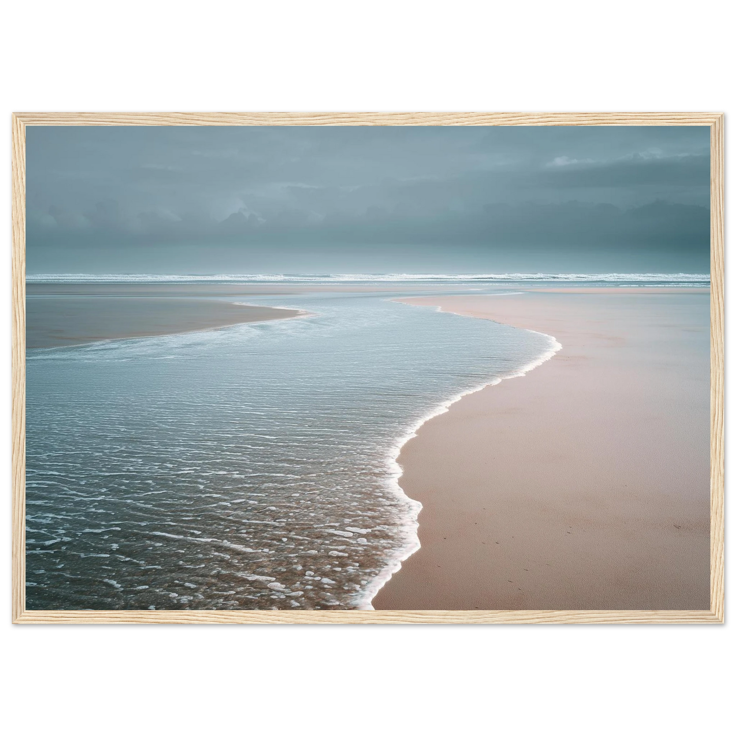 Minimalist coastal scene with foam edge on wet sand, framed in pale oak