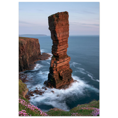 Red sandstone sea stack at last light with white water swirling at its base, unframed print