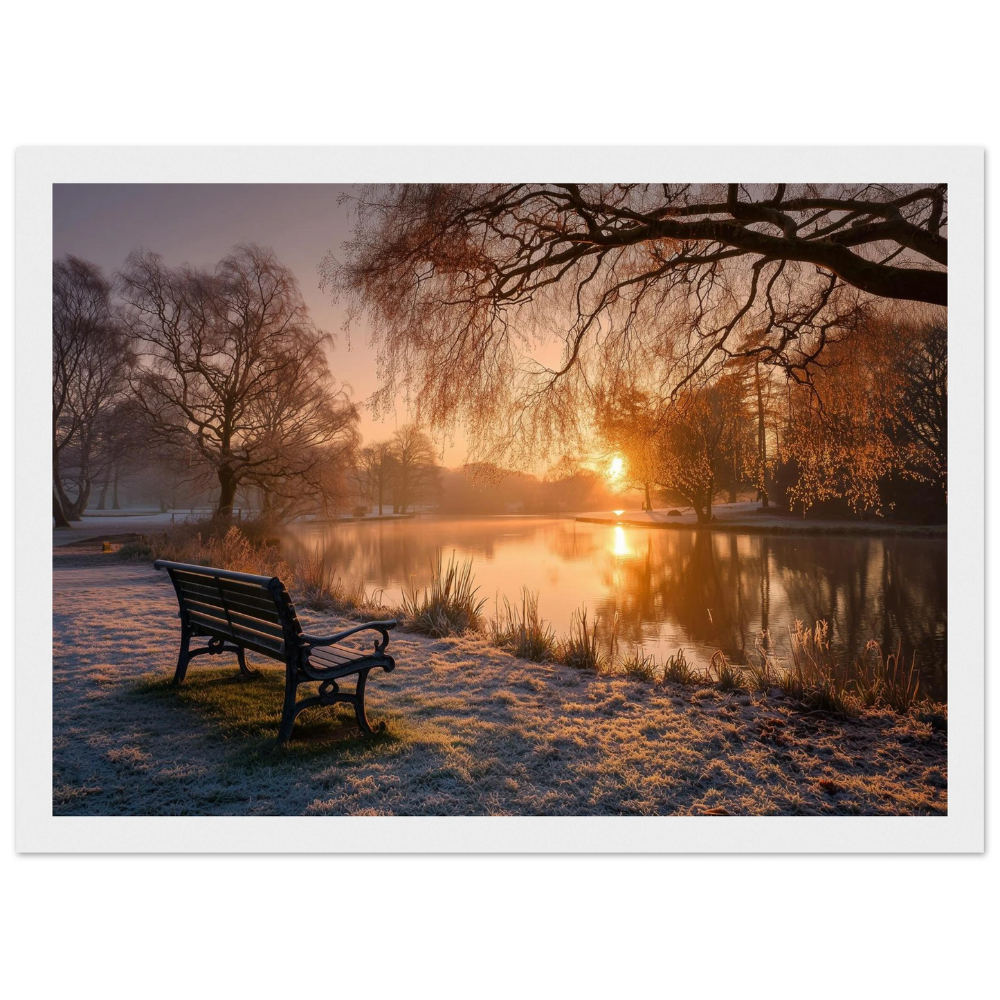 Frosted park lake at winter sunrise with an empty bench on the bank, print in a white frame