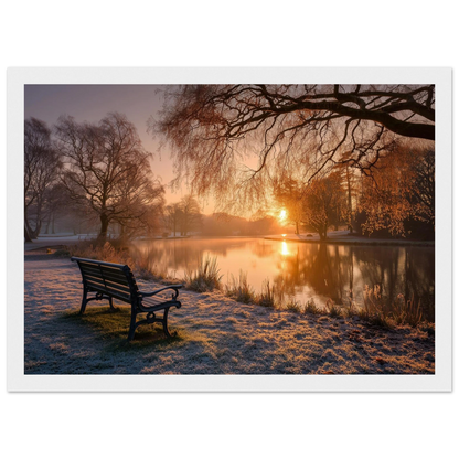 Frosted park lake at winter sunrise with an empty bench on the bank, print in a white frame
