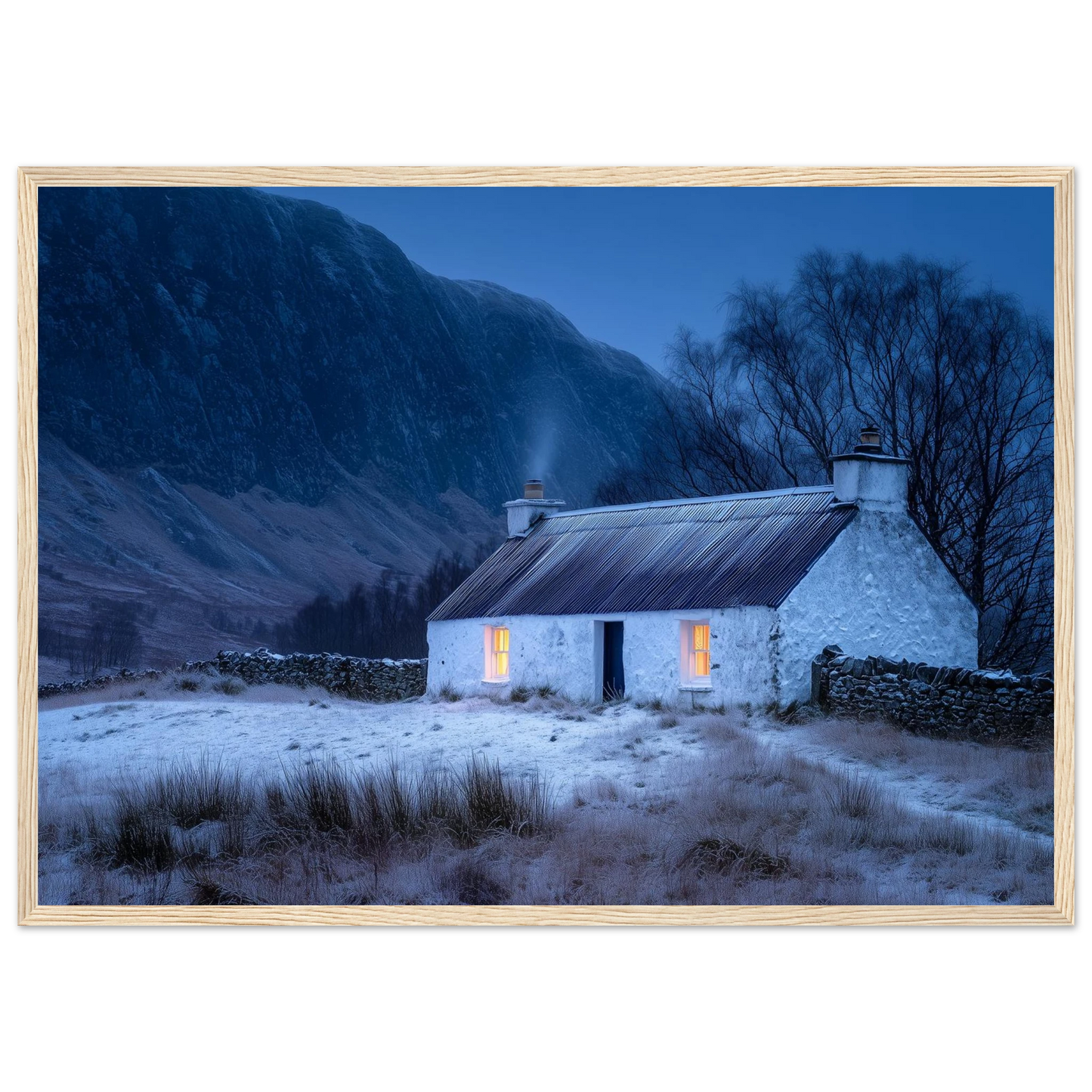 Highland winter cottage scene in a light oak frame
