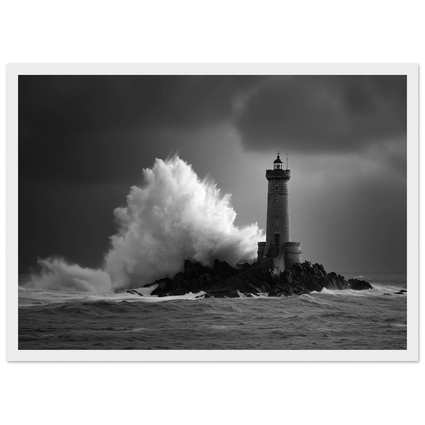 Monochrome storm lighthouse print in a white frame with a slim mount