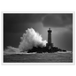 Monochrome storm lighthouse print in a white frame with a slim mount