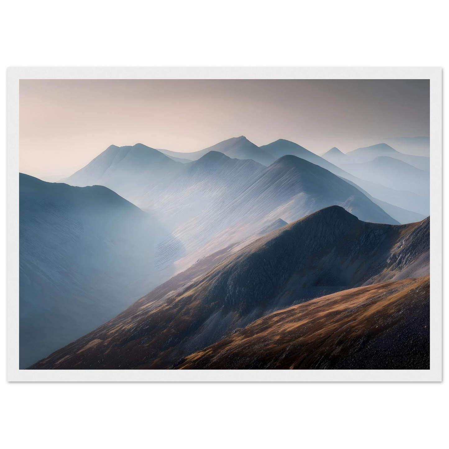 Misty Highland landscape print in a white frame with a mount