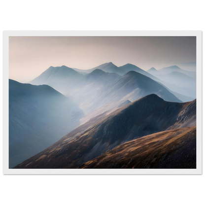 Misty Highland landscape print in a white frame with a mount