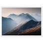 Misty Highland landscape print in a white frame with a mount