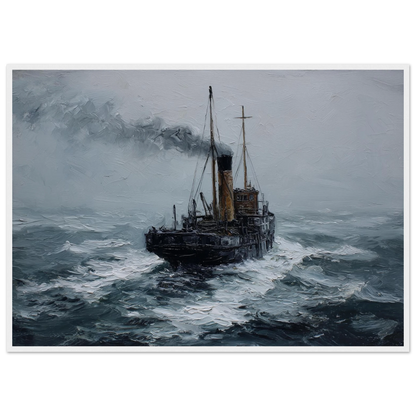 Clyde puffer and heavy swell, framed in white with a wide mount