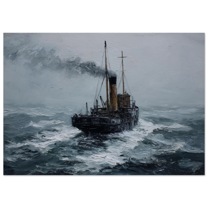 Steam coaster in heavy weather, dark maritime oil painting in a slim frame