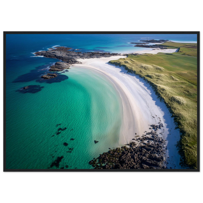 Turquoise water and white sand on a Scottish island shore, print in a dark frame