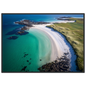 Turquoise water and white sand on a Scottish island shore, print in a dark frame