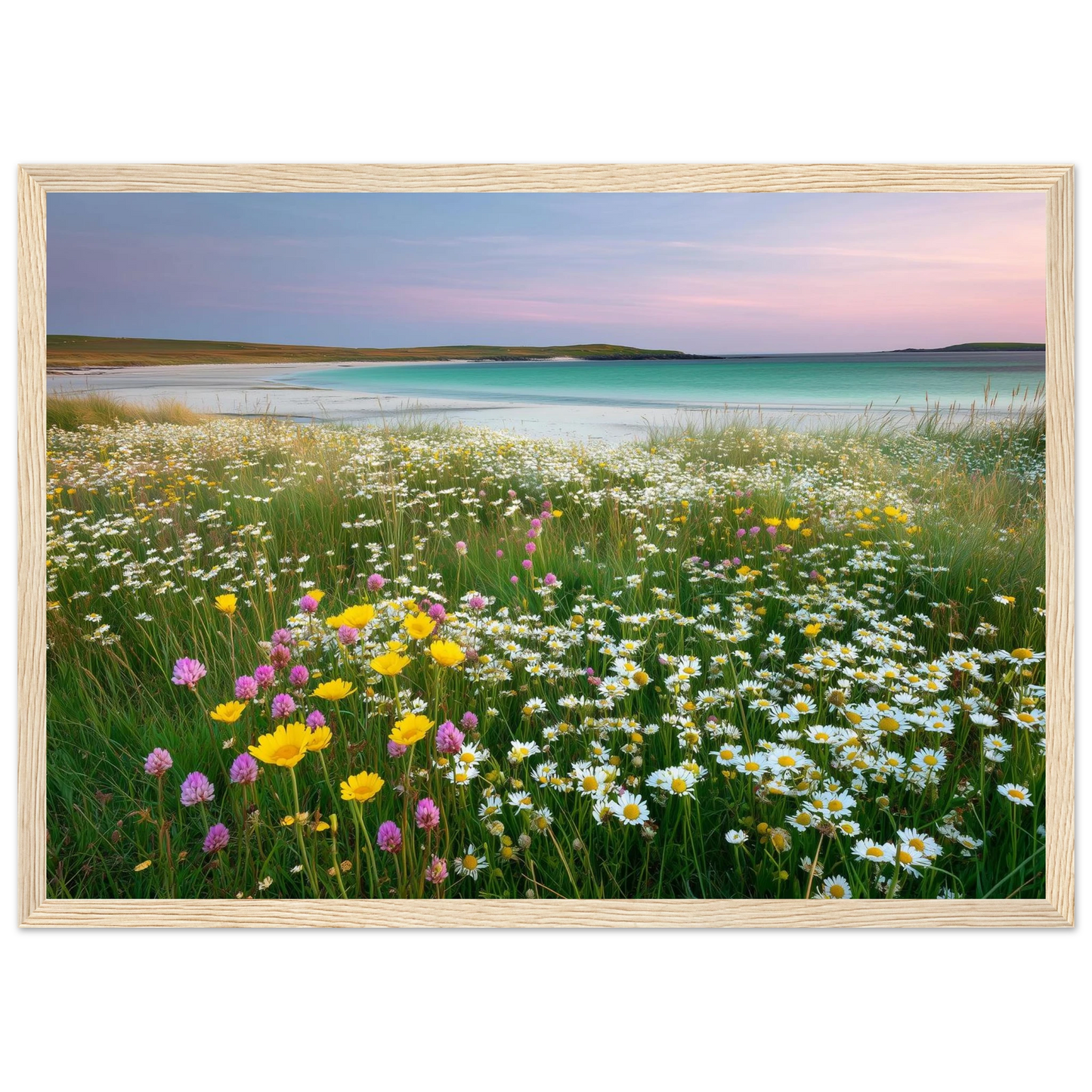 Pastel machair meadow print in a light wood frame