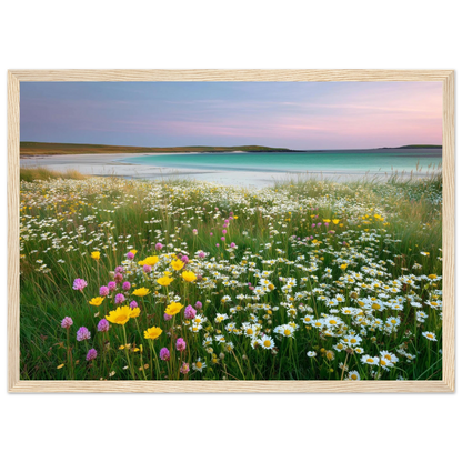 Pastel machair meadow print in a light wood frame