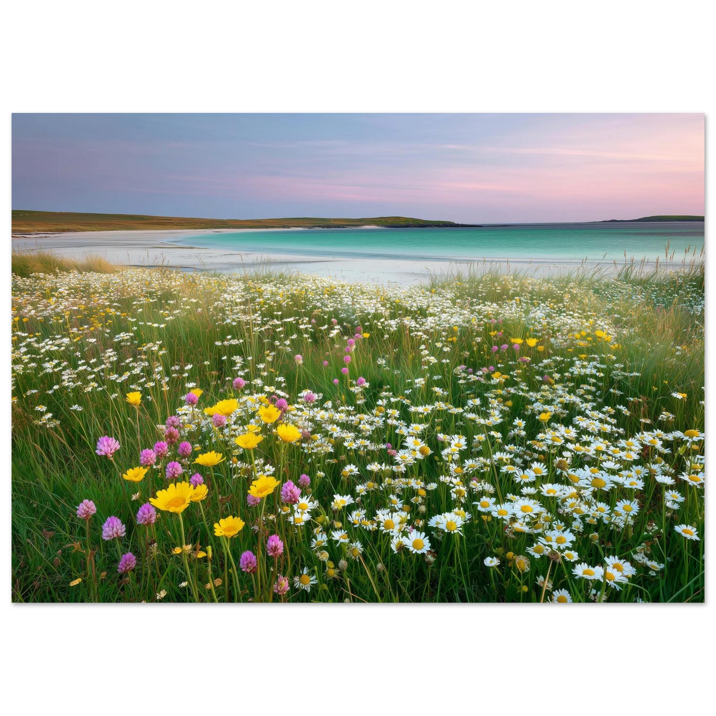 Daisies and buttercups on the machair, framed print in a dark frame