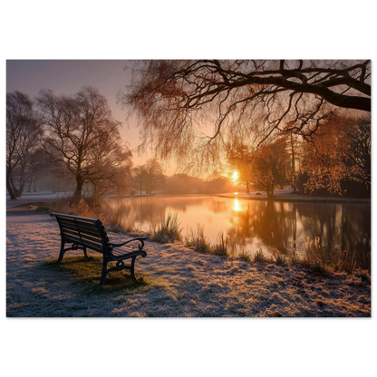 Frosted park lake at winter sunrise with an empty bench on the bank, unframed print