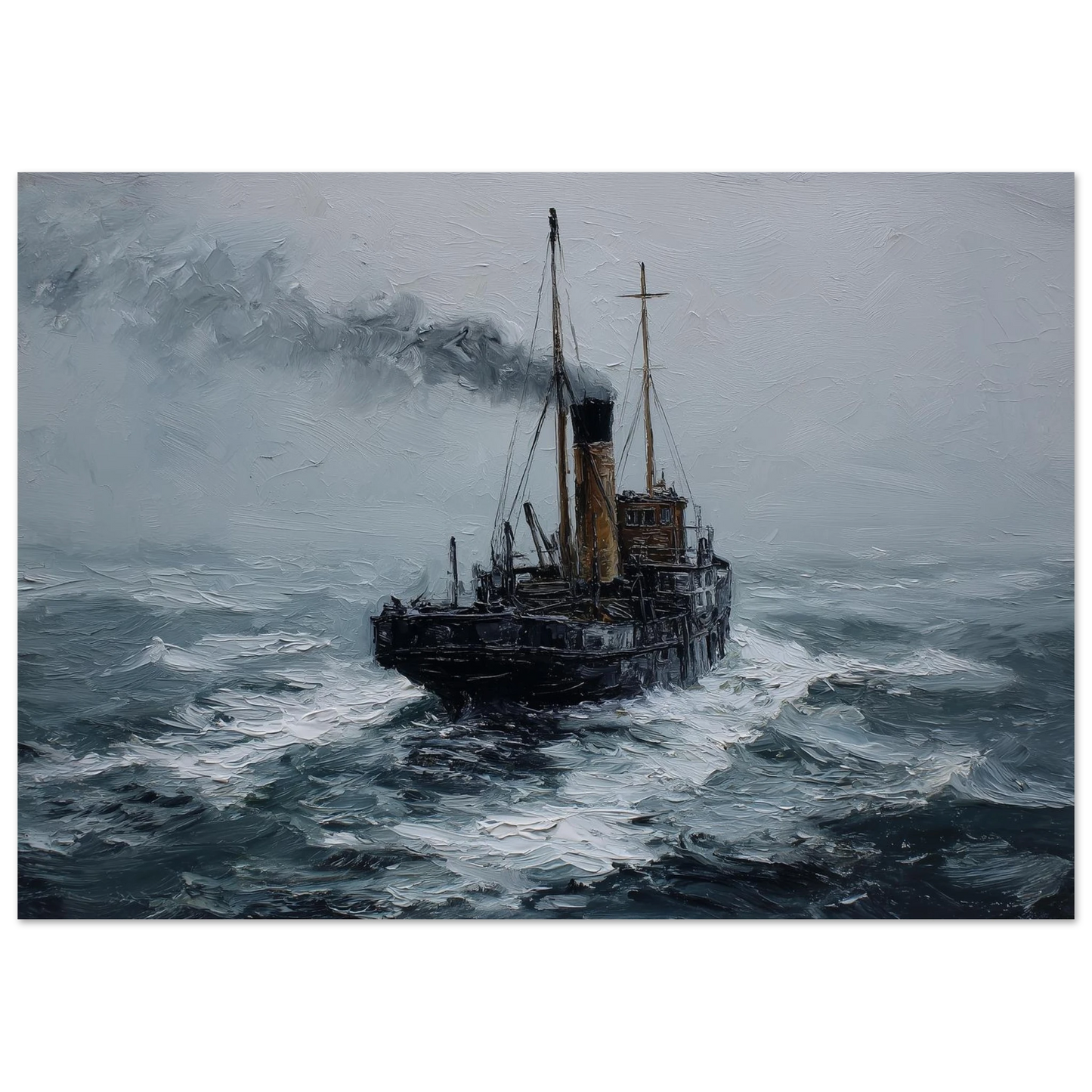 Clyde puffer working through grey-green swell, print in a slim dark frame