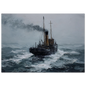 Clyde puffer working through grey-green swell, print in a slim dark frame